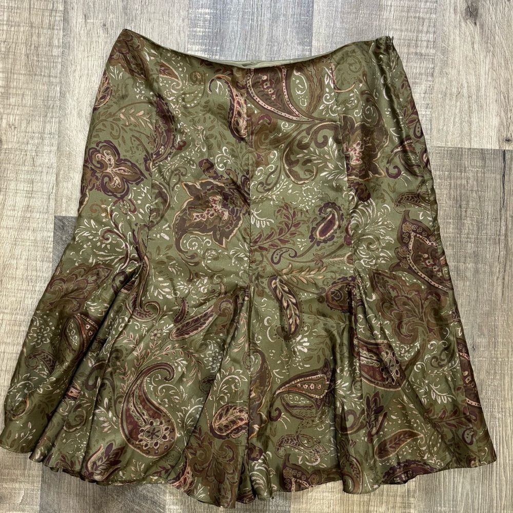 Lauren Ralph Lauren 100%Silk, Green, Maroon, Beige Paisley Tulip Midi Skirt, EUC